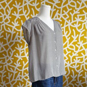 H&M Boxy Navy White Striped Button Down V-Neck Cap Sleeve Boxy Blouse - M/L